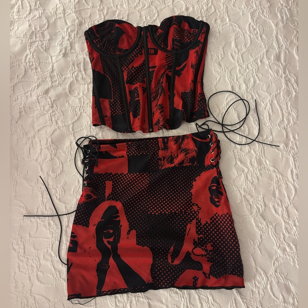 Red and Black Women's Corset and Skirt Set